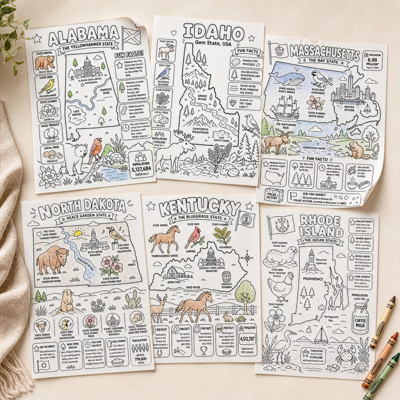 Population Coloring 50 States Coloring Book for Kids | USA Geography & State Facts ...