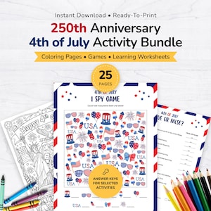 以下が含まれることがあります： 250周年記念の7月4日アクティビティバンドル。塗り絵、ゲーム、学習ワークシートなど25ページ分が含まれています。愛国的なアイコンを使った「I Spy」ゲーム、正誤クイズ、自由の女神の塗り絵などがセットになっています。