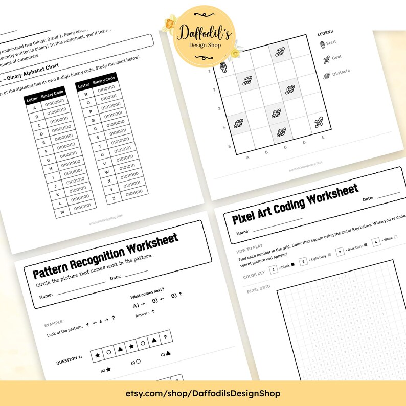 以下が含まれることがあります： 4つの教育用ワークシート。1つはバイナリのアルファベットチャート、もう1つはパターン認識ワークシート、3つ目はピクセルアートコーディングワークシートです。Daffodil's Design Shopのロゴが右上にあります。