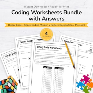 May include: A bundle of four educational coding worksheets featuring binary code, space coding missions, pattern recognition, and pixel art. The pages include text, charts, and diagrams, with a yellow pencil resting on top and a colorful puzzle cube.