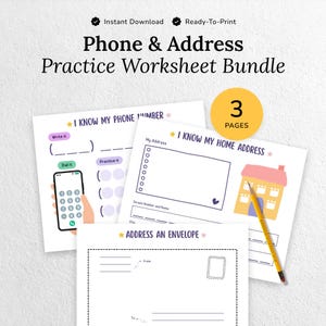 Paquete de hojas de trabajo para practicar números de teléfono y direcciones para niños / Aprendizaje de habilidades de seguridad (Descarga en PDF)