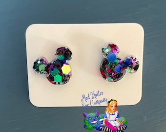 Teal and purple glitter mini mouse earrings