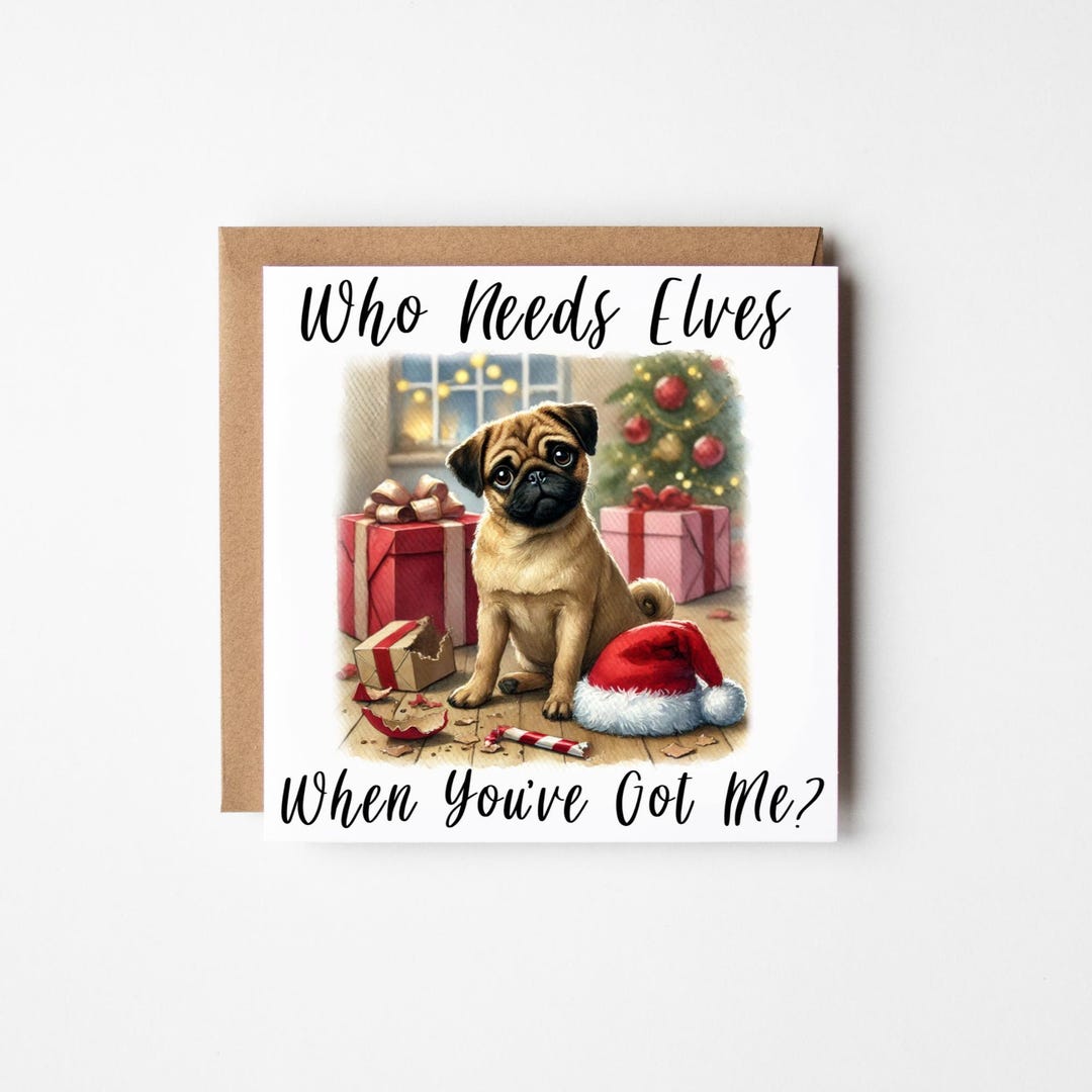 Cute Pug Christmas Card 2 Colours | Pug Owner Christmas Card | Card ...