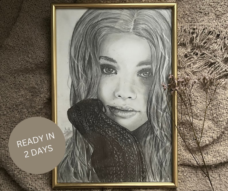 100% handmade portrait drawing, pencil, art, christmas gift, family, wedding, couple gift, personalized, professional Bild 1