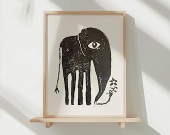 Linocut - Elephant picking a flower | Handmade linocut | Home decor, animal illustration | DIN A5