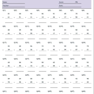 Printable Math Worksheets, Multiplication, Homeschool, Instant Download, With Answers