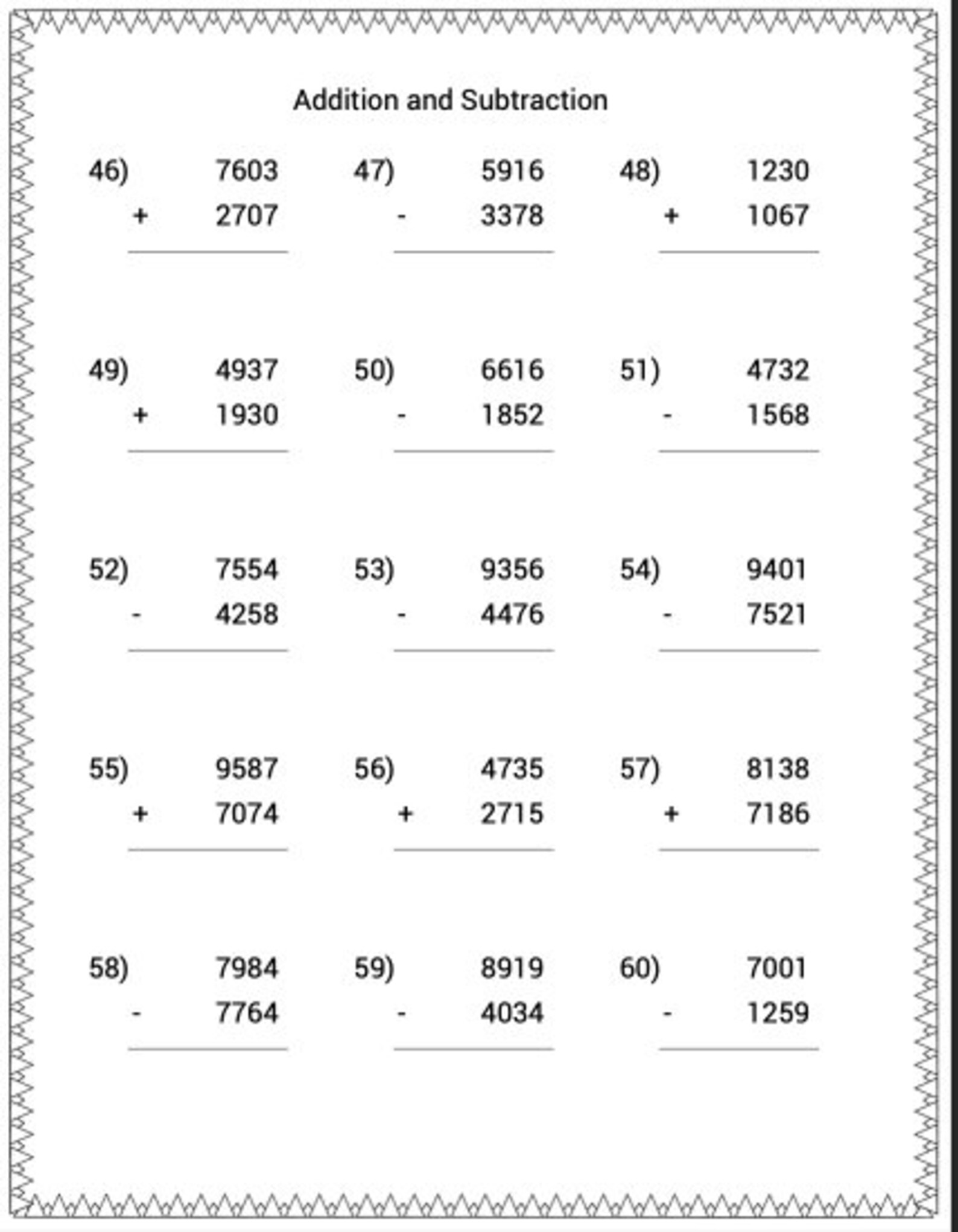 Printable Math Worksheets Addition and Subtraction Homeschool