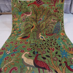 Fern Green Rug 4x6 Pictorial Rug/ Turkmen rug/ Afghan Handmade High Pile Wool Rug/ Oriental Rug/ Peacocks Birds Tree of life/ Kids Room Rug