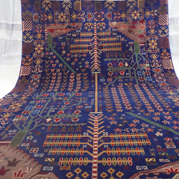 8'3x5'8 ft Large Navy Rug 6x8 Baluchi Pictorial Rug/ Turkish Geometric Rug/ Hand-Knotted Wool Rug/ Living Room Rug/ Bedroom Rug/ Bedroom rug