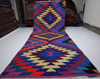 4x13 Vintage Kilim Runner Rug/ Geometric Mabasi Afghan Flatweave Kilim Rug/ Turkmen Handmade Wool Oriental Rug/ Purple Beige Pink Green Blue