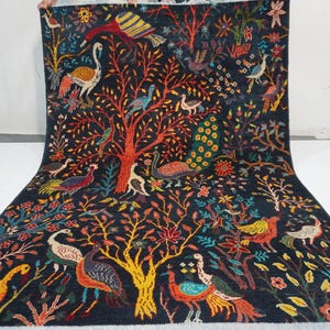Black Pictorial Rug 5x7 Afghan Handmade Rug/ Turkmen Wool Rug/ Peacock Birds Trees Portrait rug/ Oriental Haunting Piece Rug/ Kids Room Rug