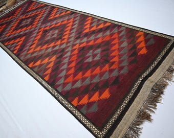 5x12 Afghan Vintage rug/ Orange Maroon Black Gray Handmade Wool Rug/ Flatweave Kilim Rug/ Striped design Rug/ Kitchen Wide Runner 140x370 cm