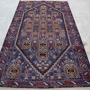 Alfombra geométrica vintage de 4 x 6&#39;9 pies, alfombra de lana hecha a mano de la mejor calidad, alfombra baluchi afgana, alfombra turcomana oriental, alfombra tribal de 4 x 7 pies, alfombra antigua