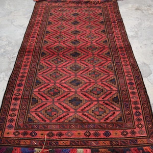 Alfombra Baluchi afgana 3&#39;8x6&#39;6 ft Alfombra de área de lana hecha a mano / Alfombra antigua turcomana 4x7 / Alfombra roja Bukhara / Alfombra afgana oriental / Alfombra de dormitorio / Alfombra de oficina