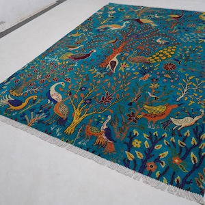 Rich Turquoise Pictorial Rug 6x8 Afghan Handmade Wool Area Rug/ Peacock Birds Trees Oriental Turkmen Rug/ Living room Rug/ Kids Room 170x240