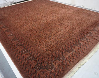 May include: A large rectangular area rug featuring a deep terracotta and rust-colored field with intricate dark brown geometric patterns. The border displays a repeating chevron motif, and the edges are finished with short white fringe.