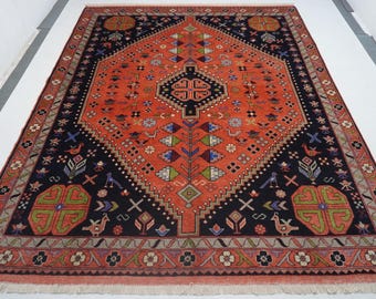 Terracotta Vintage Pattern Rug 8&#39;3x10&#39;3 ft Turkmen Caucasian Geometric design High Pile Area Rug Handmade Wool Rug/ Orange Shape Bedroom Rug