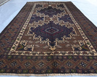 1970s Antique Rug 3x6 Geometric Baluchi Rug/ Afghan Handmade High pile Wool Rug/ Oriental Turkmen Area Rug/ Bedroom Rug/ Office Area Rug