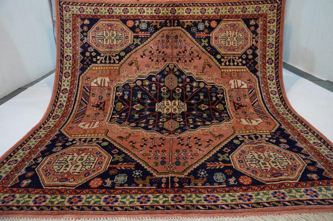 7x7 Terracotta Square Rug/ Turkmen Caucasian Geometric Rug