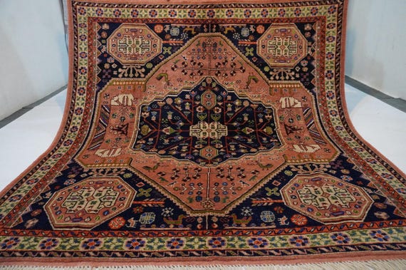 7x7 Terracotta Square Rug/ Turkmen Caucasian Geometric Rug