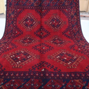 3&#39;4x5&#39;0 ft. Vintage Turkmen Bukhara rug 3x5 Afghan Handmade Wool Area Rug/ Red Khal Muhammadi Rug/ Oriental Rug/ Rug for Bedroom/ Office Rug