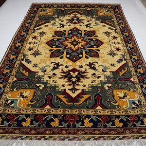 7x10 Geometric Heriz Rug 6'6x10'2 ft Turkish design Afghan handmade Fine Quality Wool Area rug/ Beige Oriental Serapi Bohemian Turkmen Rug