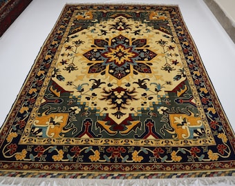7x10 Geometric Heriz Rug 6'6x10'2 ft Turkish design Afghan handmade Fine Quality Wool Area rug/ Beige Oriental Serapi Bohemian Turkmen Rug
