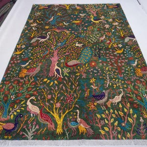 7x10 Large Afghan Pictorial Rug/ Rich Green Turkmen Rug/ More than 50 Birds Peacocks Trees Rug/ Oriental Rug/ Kids Room Rug/ Bedroom Rug
