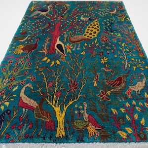 5x7 Peacock Birds Trees Pictorial Rug/ Turquoise Turkmen Fine Quality Handmade Soft Wool Rug Oriental Afghan Rug/ Bedroom Rug/ Kids Room Rug