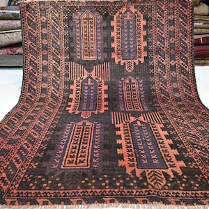 4&#39;1x5&#39;5 ft Antique 1940s Rug/ Black Terracotta Tabreeze Rug/ Afghan Handmade Wool Rug/ Turkmen Tribal Rug/ High Pile Soft Rug/ Bedroom Rug