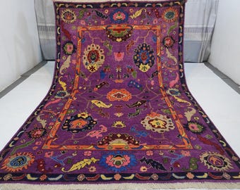 7x10 ft Purple Area Rug/ Turkish Oushak Rug/ Hand-Knotted Wool Rug/ Multicolor Contemporary Rug/ Natural dyes rug/ Living Room Rug 6'6x9'7"