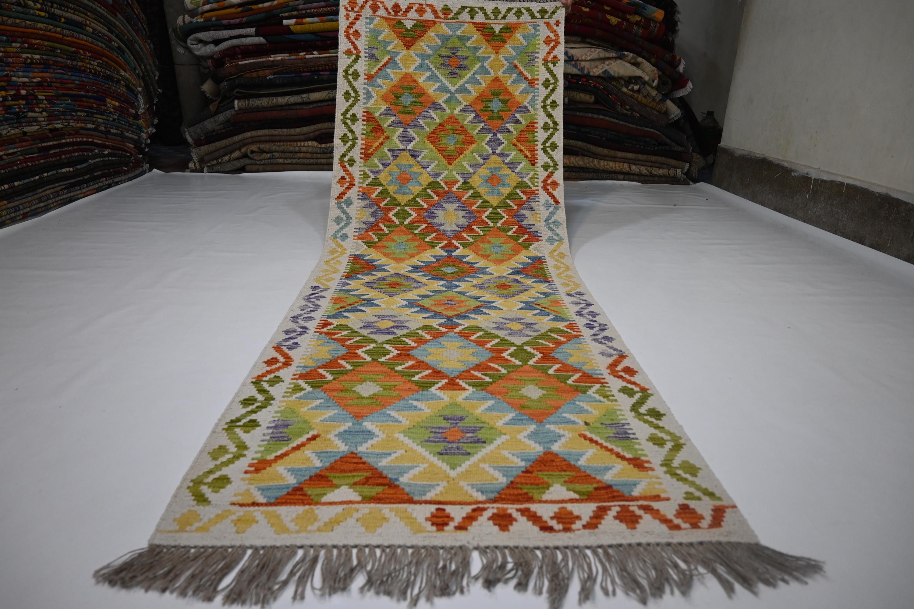 3x8 アフガンキリムランナーラグ/幾何学模様フラットウィーブキリム