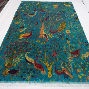 10&#39;2x6&#39;7 ft Large Afghan Pictorial Rug/ Turquoise Turkmen Rug More than 50 Birds Peacocks Trees Rug/ Oriental Rug/ Kids Room Rug Bedroom Rug