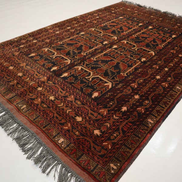 3x5 ft Afghan Geometric Vintage Ala Khoja design Area rug/ Hand Knotted Wool Oriental Rug/ Turkmen Tribal Rug/ Office Rug/ Kitchen Rug