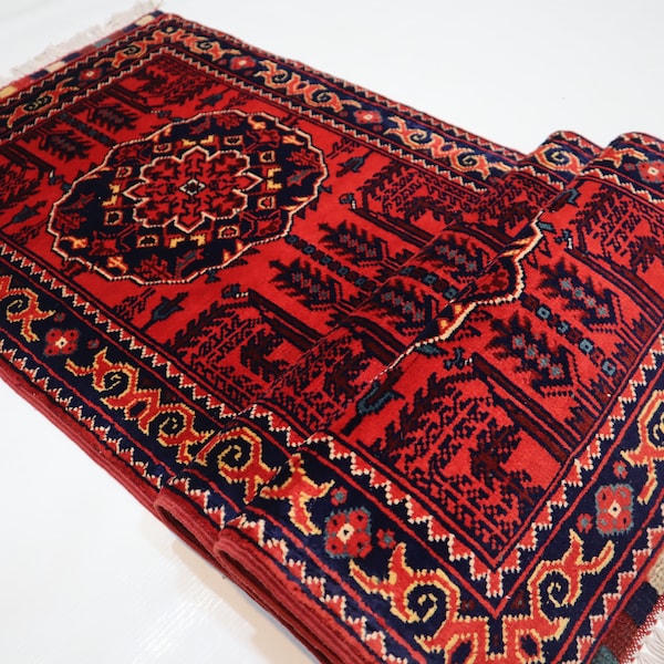 1'8x5'1 Afghan Wheat design Bukhara Rug 50x150 cm Stunning Soft Pile Wool Fine Red Rug/ Oriental Turkmen Hallway Runner/ Kitchen/ Office 2x5