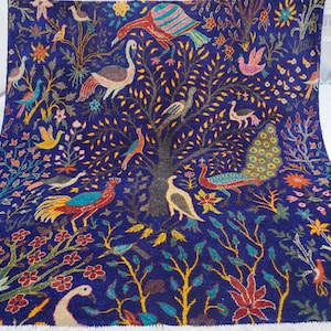 7x7 Square Rug/ Pictorial Rug/ 200x200 Handmade Rug/ Wool Rug/ Birds Peacocks Trees Rug/ Rare Rugs/ Rich Colors Rug/ Bedroom Rug/ Office Rug