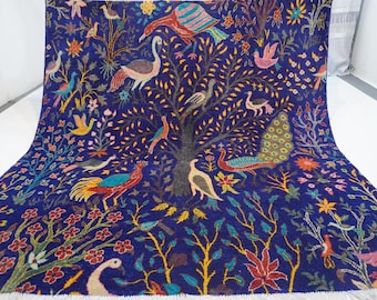 Dywan kwadratowy 7x7 / Dywan obrazkowy / Dywan ręcznie robiony 200x200 / Dywan wełniany / Dywan z ptakami, pawiami i drzewami / Rzadkie dywany / Dywan w bogatych kolorach / Dywan do sypialni / Dywan biurowy