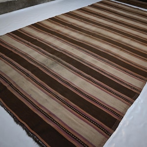 Alfombra Kilim de tejido plano geométrico afgano de 7x12 de la década de 1920, hecha a mano, de lana, con diseño a rayas, para pasillo y cocina.