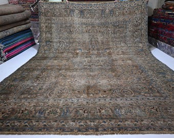 8x11 Large Antique 1920s Rug/ Muted Terracotta Rug/ Afghan Caucasian Heriz Rug/ Low Pile Handmade Wool Rug/ Turkmen Tribal Living Room Rug
