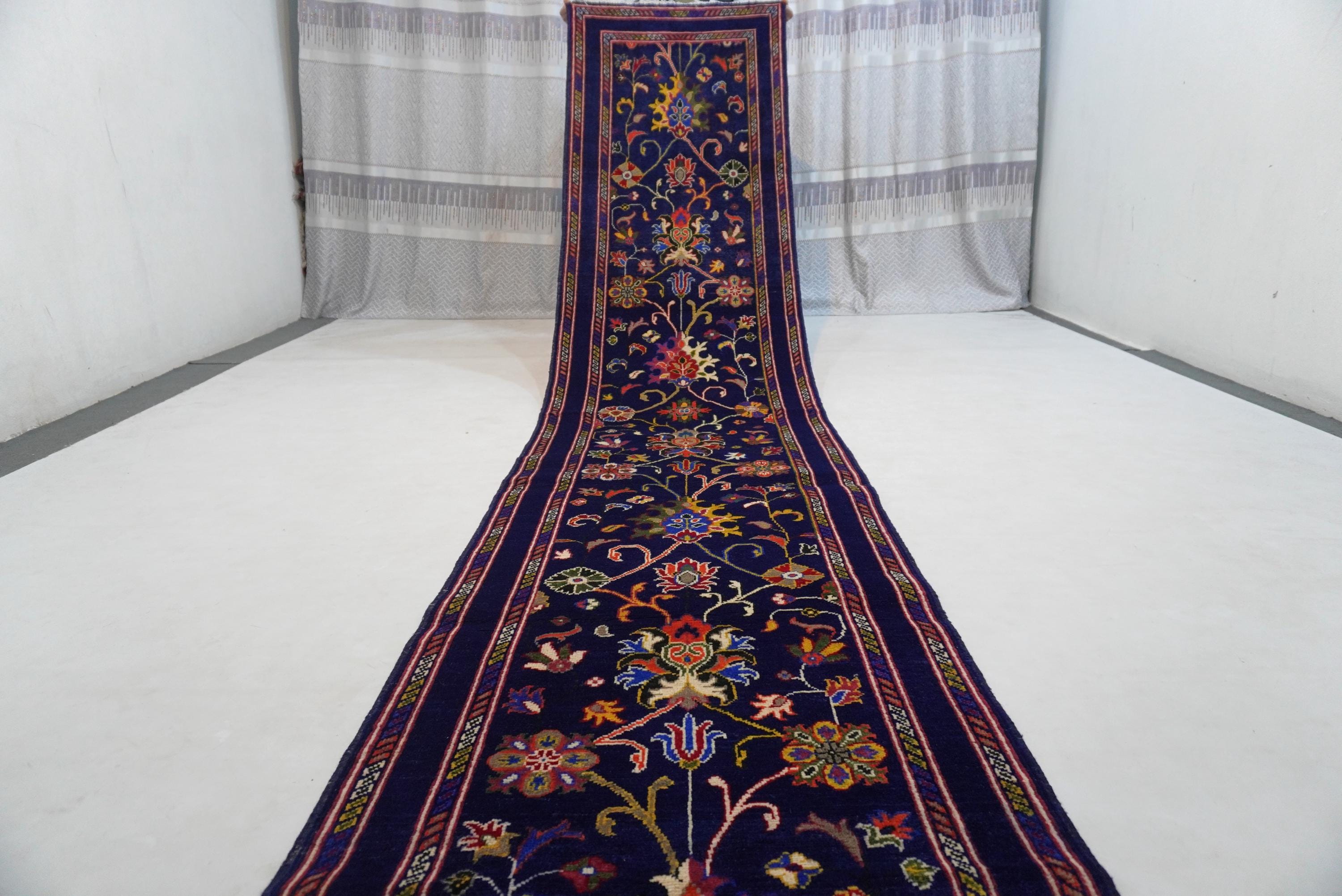 Navy Blue 13 ft Runner Rug/ Bijdar design Rug/ Turkmen Tribal Rug/ Handmade Wool Rug/ Oriental Rug/ Hallway Runner/ Kitchen Runner Rug 3x13