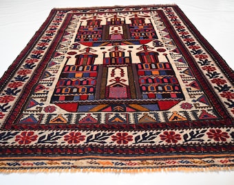 4x5 ft Vintage Turkmen Gull Berjesta Rug/ Handmade Wool Area Rug/ Oriental Afghan Rug/ Tribal Rug/ Antique Rug/ Baluchi Pictorial design Rug