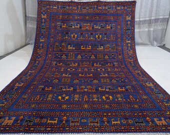 6x8 ブルー ピクトリアル ラグ/アフガニスタン ハンドメイド ウール