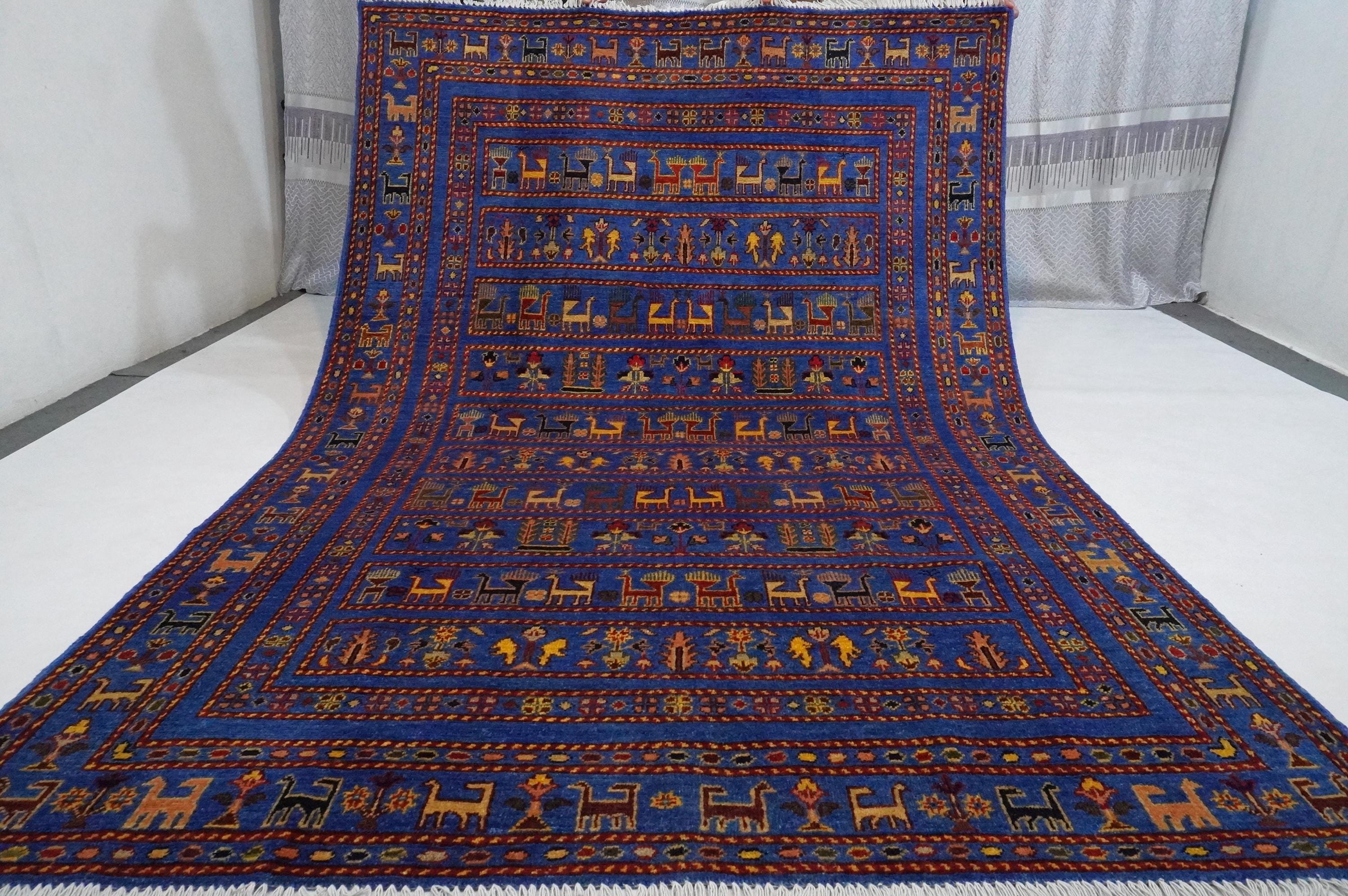 6x8 ブルー ピクトリアル ラグ/アフガニスタン ハンドメイド ウール