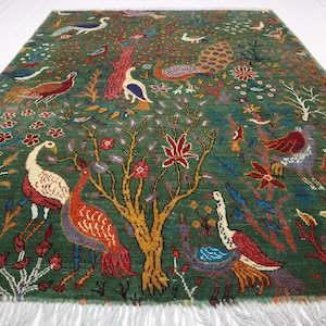 Green Pictorial Rug 5x7 Afghan Handmade Wool Area Rug/ Peacock Birds Trees/ Oriental Turkmen Rug/ Living room Rug/ Kids Room Rug 150x200 cm