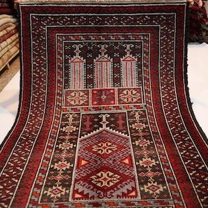 Vintage Prayer Rug 2&#39;9x4&#39;3 Afghan Prayer Bukhara Rug / Oriental Turkmen Area Rug / Handmade Wool Rug / 1960s Antique Red Prayer Carpet