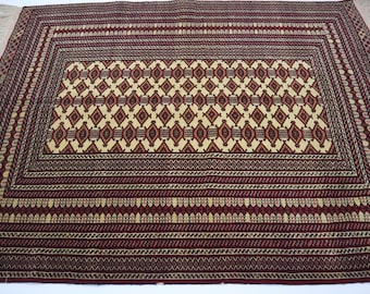 Turkmen Tekke Bukhara Rug 4'4x5'9 ft Afghan Handmade Wool Rug/ Beige Tribal Rug/ Oriental Antique Rug with Excellent Condition/ 4x6 Area Rug