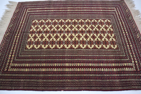 Turkmen Tekke Bukhara Rug 4'4x5'9 ft Afghan Handmade Wool Rug/ Beige Tribal Rug/ Oriental Antique Rug with Excellent Condition/ 4x6 Area Rug