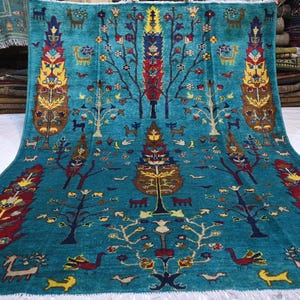 Turquoise Pictorial Rug 5x7 Afghan Handmade Wool Area Rug/ Birds Multiple Trees Rug/ Oriental Turkmen Tribal Rug/ Kids Room Rug/ 150x200 cm