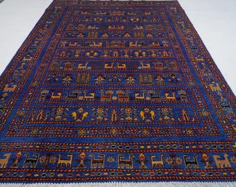 6x8 ブルー ピクトリアル ラグ/アフガニスタン ハンドメイド ウール