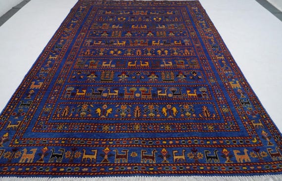 6x8 ブルー ピクトリアル ラグ/アフガニスタン ハンドメイド ウール
